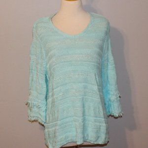 Chicos Size 2 Large Lightweight Cotton Blend Fringe Sleeve Sweater